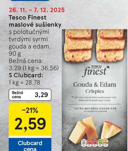 Tesco Finest maslové sušienky s polotučnými tvrdými syrmi gouda a eidam, 90 g