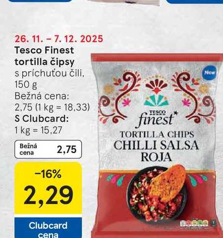 Tesco Finest tortilla čipsy s príchuťou čili, 150 g