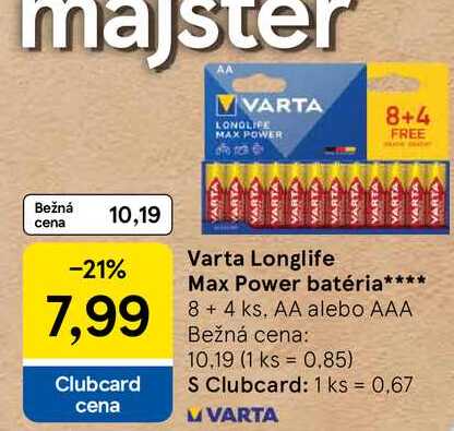 Varta Longlife Max Power batéria 8+ 4 ks