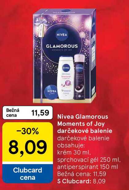 Nivea Glamorous Moments of Joy darčekové balenie obsahuje: krém 30 ml, sprchovací gél 250 ml, antiperspirant 150 ml 