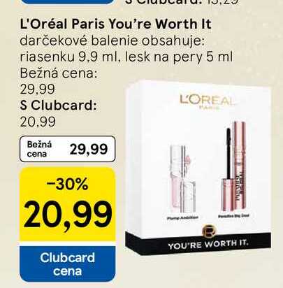 L'Oréal Paris You're Worth It darčekové balenie obsahuje: riasenku 9,9 ml, lesk na pery 5 ml