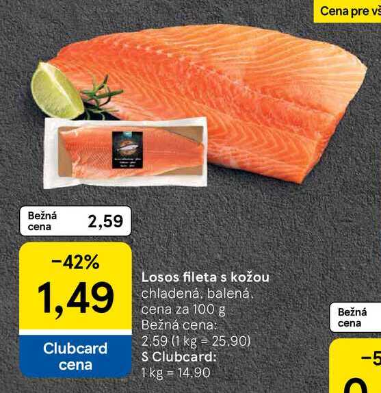 Losos fileta s kožou chladená, balená cena za 100 g 