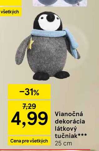 Vianočná dekorácia látkový tučniak 25 cm 