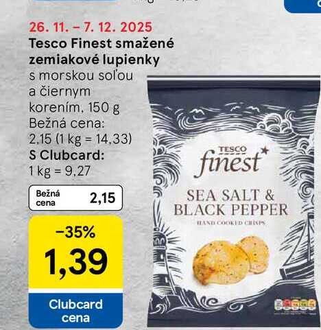 Tesco Finest smažené zemiakové lupienky s morskou soľou a čiernym korením, 150 g 