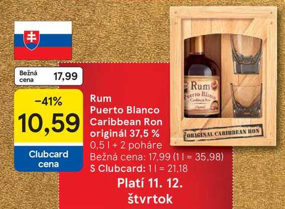 Rum Puerto Blanco Caribbean Ron originál 37,5% 0,5l+2 poháre