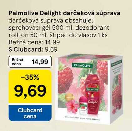 Palmolive Delight darčeková súprava obsahuje: sprchovací gél 500 ml, dezodorant roll-on 50 ml, štipec do vlasov 1 ks