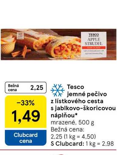Tesco jemné pečivo z lístkového cesta s jablkovo-škoricovou náplňou mrazené, 500 g