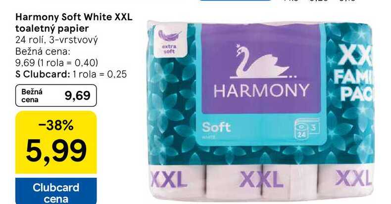 Harmony Soft White XXL toaletný papier 24 rolí, 3-vrstvový