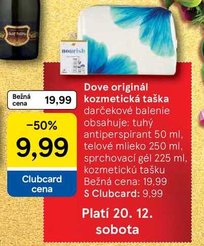 Dove originál kozmetická taška, darčekové balenie obsahuje: tuhý antiperspirant 50 ml, telové mlieko 250 ml, sprchovací gél 225 ml, kozmetickú tašku