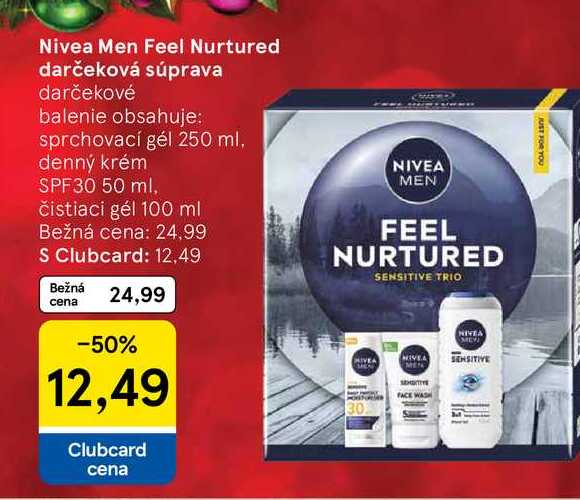 Nivea Men Feel Nurtured darčekové balenie obsahuje: sprchovací gél 250 ml, denný krém SPF30 50 ml, čistiaci gél 100 ml