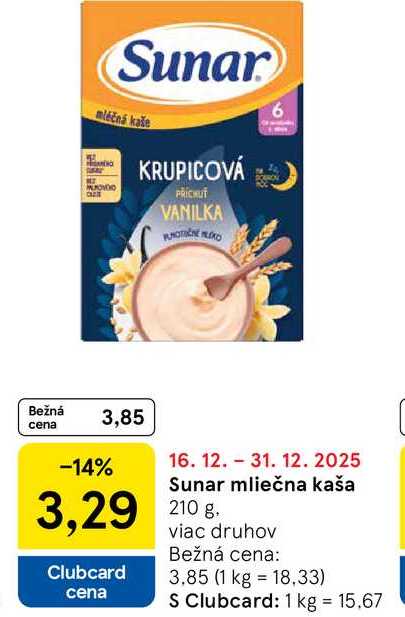 Sunar mliečna kaša 210g
