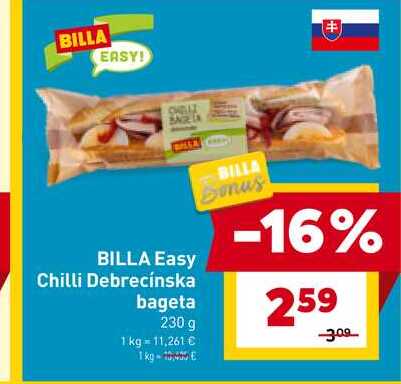 BILLA Easy Chilli Debrecínska bageta 230 g 