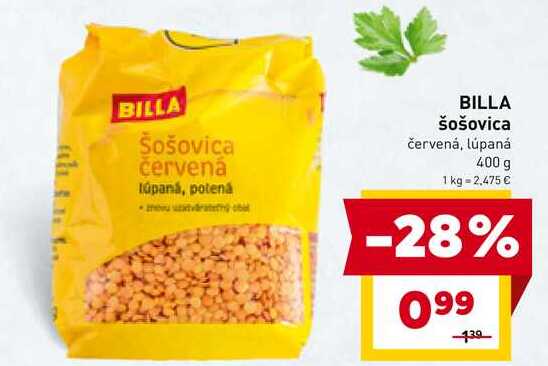 BILLA Šošovica červená, lúpaná 400 g