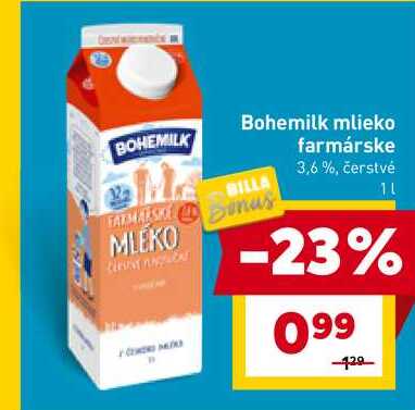 Bohemilk mlieko farmárske 3,6%, čerstvé 1l