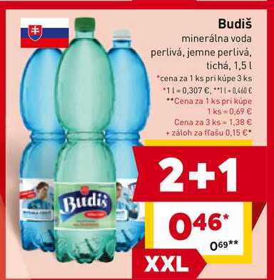 Budiš minerálna voda perlivá, jemne perlivá, tichá, 1,5l