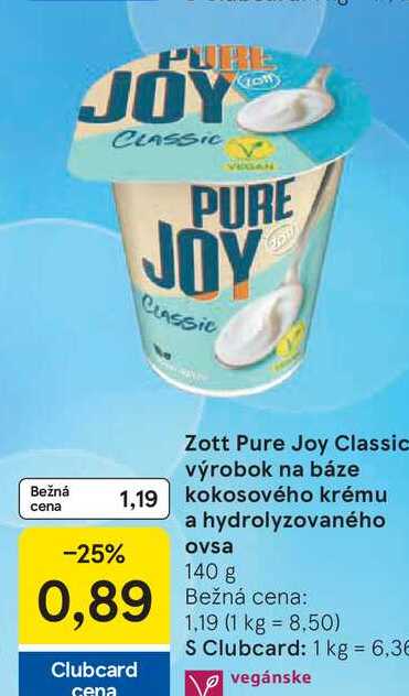 Zott Pure Joy Classic výrobok na báze kokosového krému a hydrolyzovaného Ovsa 140 g