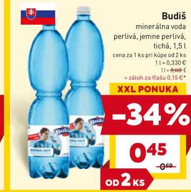 Budiš minerálna voda perlivá, jemne perlivá, tichá, 1,5L