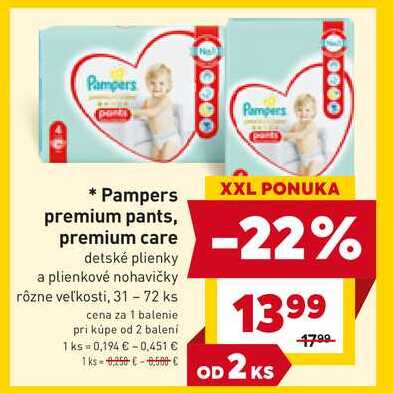 Pampers premium pants, premium care detské plienky a plienkové nohavičky rôzne veľkosti, 31-72 ks