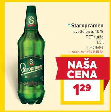 Staropramen svetlé pivo, 10% PET fľaša 1,5 l