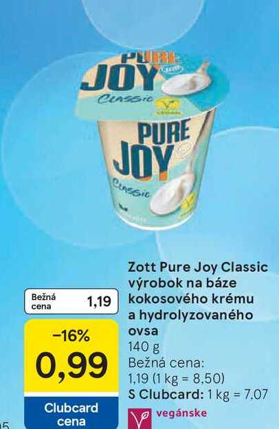 Zott Pure Joy Classic výrobok na báze  kokosového krému a hydrolyzovaného ovsa 140 g 