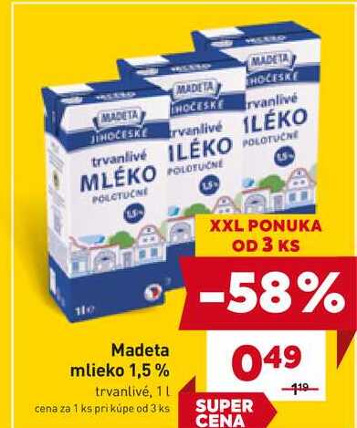 Madeta mlieko 1,5% trvanlivé, 1L 