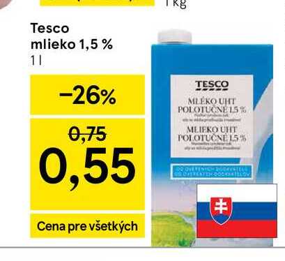 Tesco mlieko 1,5 % 1l