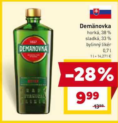 Demänovka horká, 38% sladká, 33% bylinný likér 0,7l