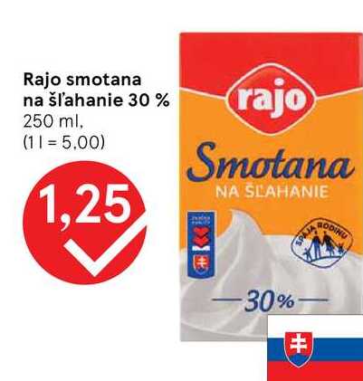 Rajo smotana na šľahanie 30% 250 ml