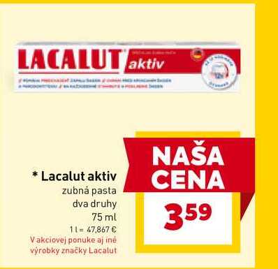 Lacalut aktiv zubná pasta dva druhy 75ml