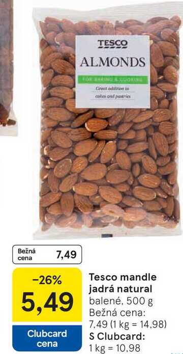 Tesco mandle jadrá natural balené, 500 g 