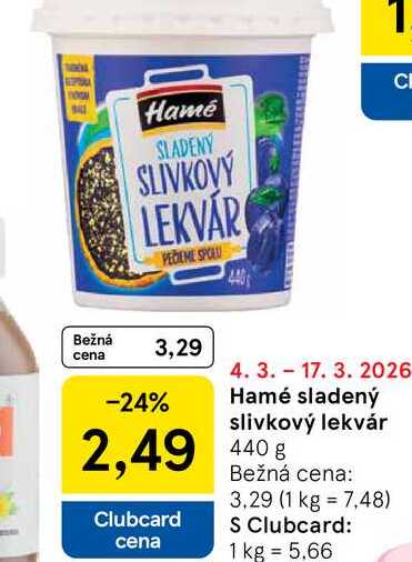 Hamé sladený slivkový lekvár 440g