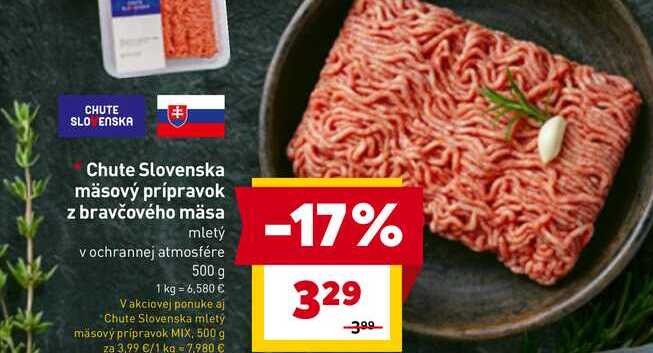 Chute Slovenska mäsový prípravok z bravčového mäsa mletý v ochrannej atmosfére 500 g