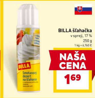 BILLA šľahačka v spreji, 17% 250 g  v akcii