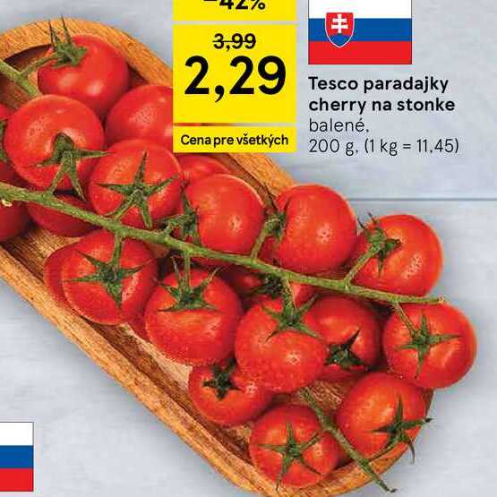Tesco paradajky cherry na stonke balené 200 g