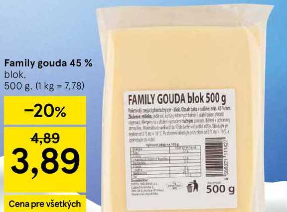 Family gouda 45 % blok 500 g