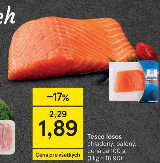 Tesco losos chladený, balený cena za 100 g