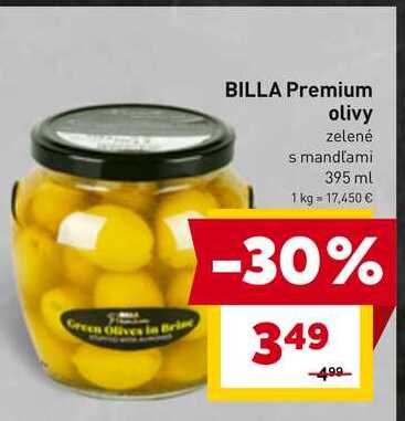BILLA Premium olivy zelené s mandľami 395 ml 