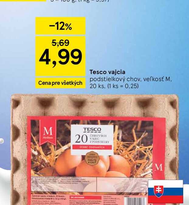 Tesco vajcia podstielkový chov, veľkosť M 20 ks