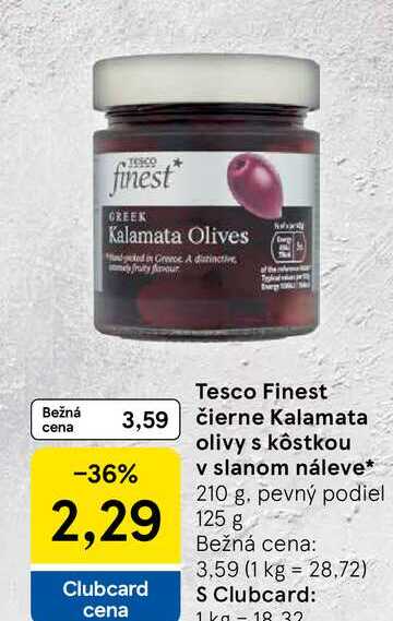 Tesco Finest čierne Kalamata olivy s kôstkou v slanom náleve 210 g