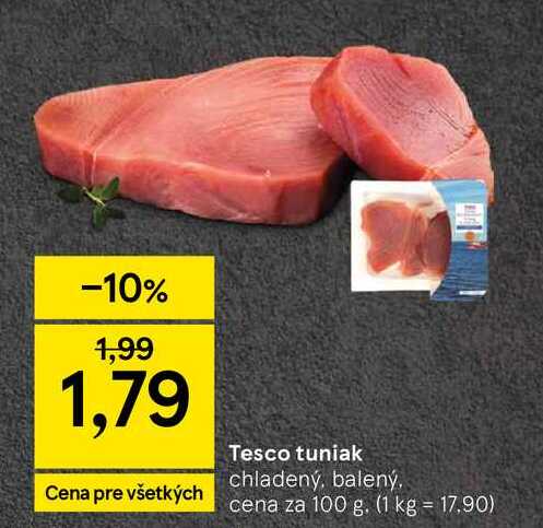 Tesco tuniak chladený, balený cena za 100 g