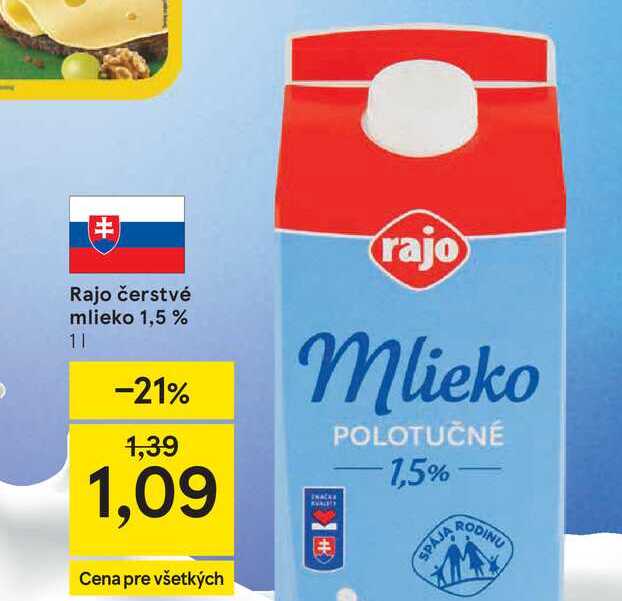 Rajo čerstvé mlieko 1,5 % 1l v akcii