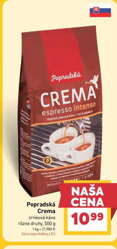 Popradská Crema zrnková káva rôzne druhy, 500 g