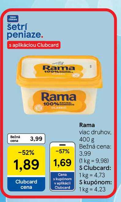 Clubcard šetrí peniaze. s aplikáciou Clubcard Rama 100% Rama 100% NATURAL CLASSIC Bežná 3,99 cena Rama viac druhov, 400 g Bežná cena: -57% 3.99 -52% 1,89 Clubcard cena 1,69 (1kg = 9,98) : 1 kg = 4,73 S kupónom: 1 kg = 4,23