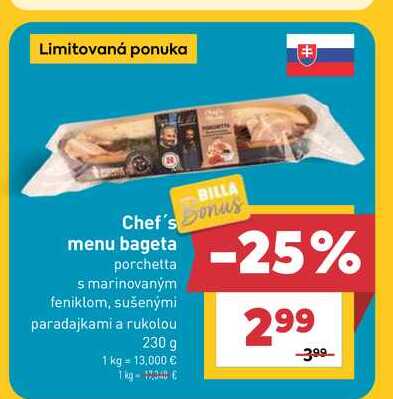 Chef's menu bageta porchetta smarinovaným feniklom, sušenými paradajkami a rukolou 230 g 