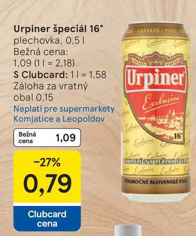 Urpiner špeciál 16° plechovka, 0,5l