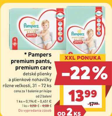 Pampers premium pants, premium care detské plienky a plienkové nohavičky rôzne veľkosti, 31-72 ks