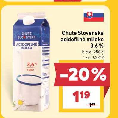 Chute Slovenska acidofilné mlieko 3,6% biele, 950 g  v akcii