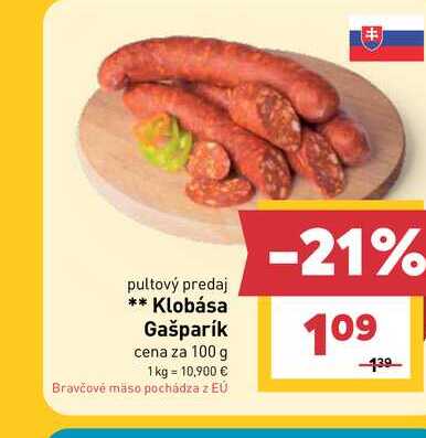 Klobása Gašparík cena za 100 g 