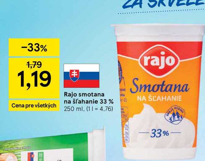 Rajo smotana na šľahanie 33 % 250 ml