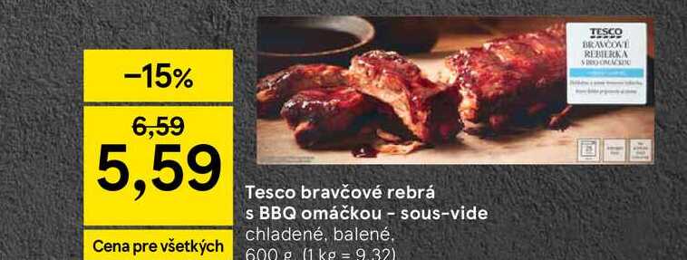 Tesco bravčové rebrá s BBQ omáčkou sous-vide chladené, balené, 600 g